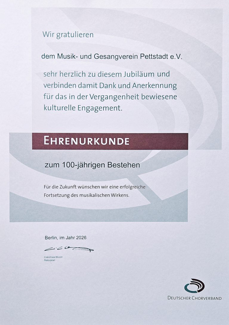 100 Jahre Chormusik: Ehrenurkunde des Deutschen Chorverbands verliehen
